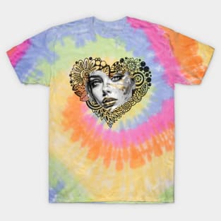 Golden Impasto Reflections: Abstract Portrait-- An artistic depiction of a striking girl's face in a close-up pencil sketch T-Shirt